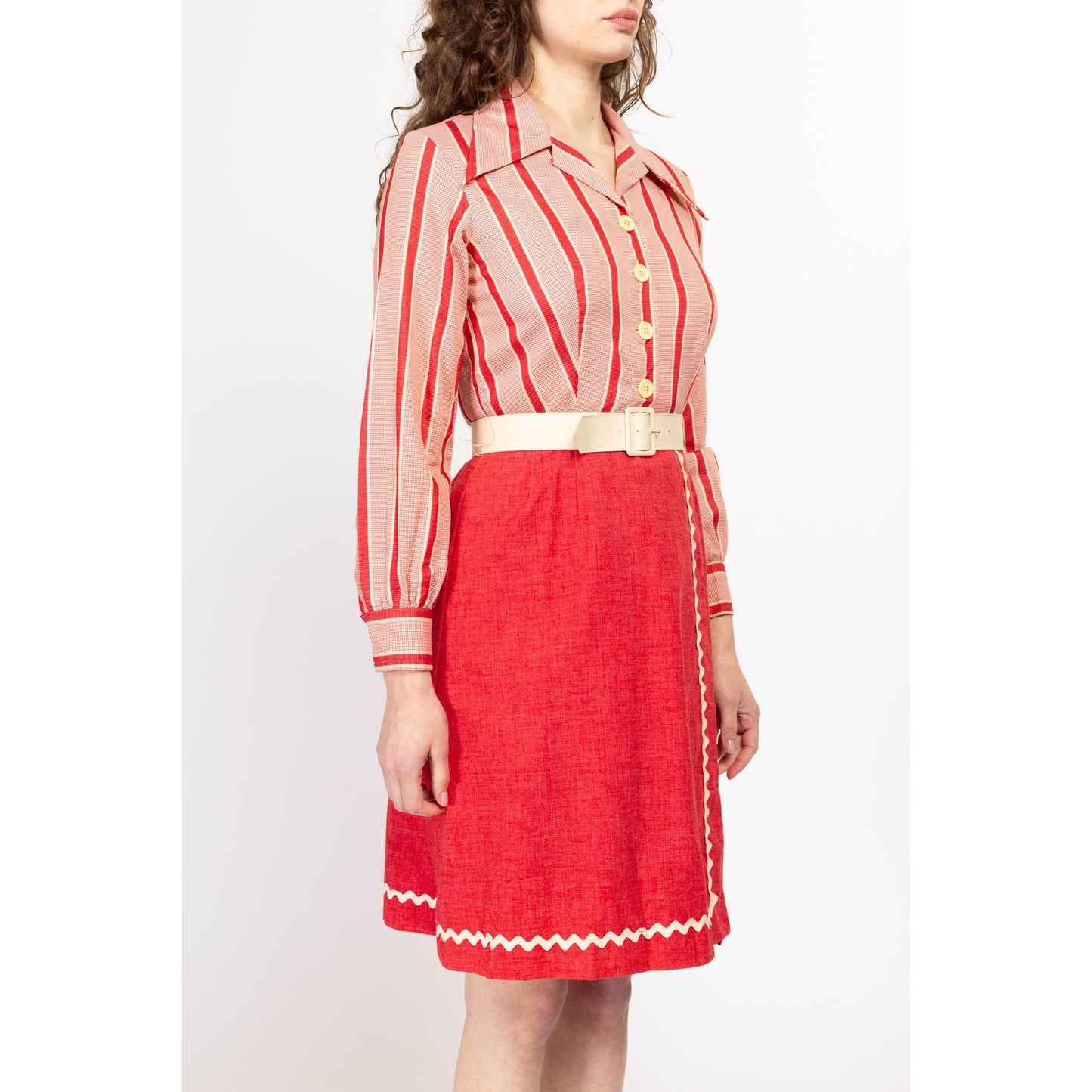 Small 70s Red & White Ric Rac Trim Belted Shirtdress | Vintage Knee Length Long Sleeved Striped Dress