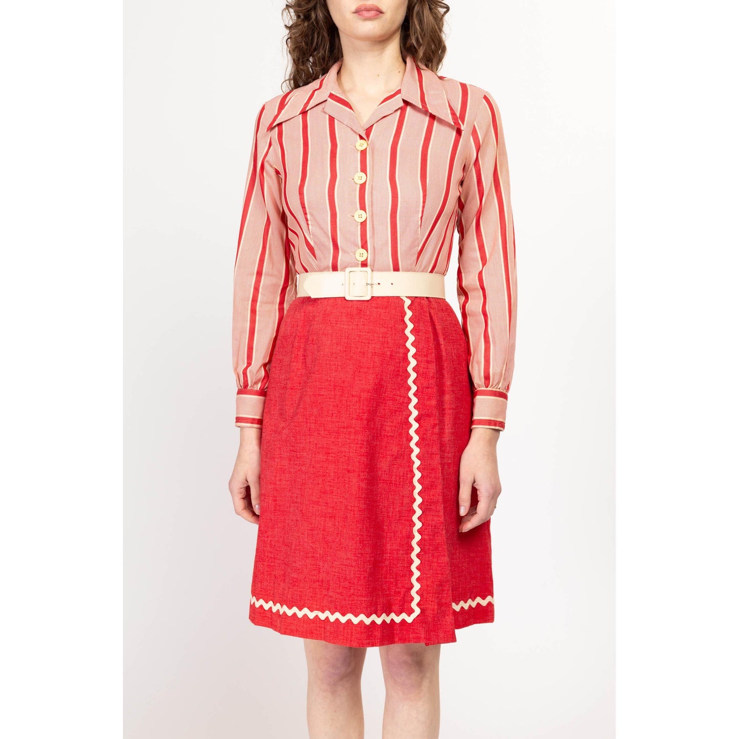Small 70s Red & White Ric Rac Trim Belted Shirtdress | Vintage Knee Length Long Sleeved Striped Dress