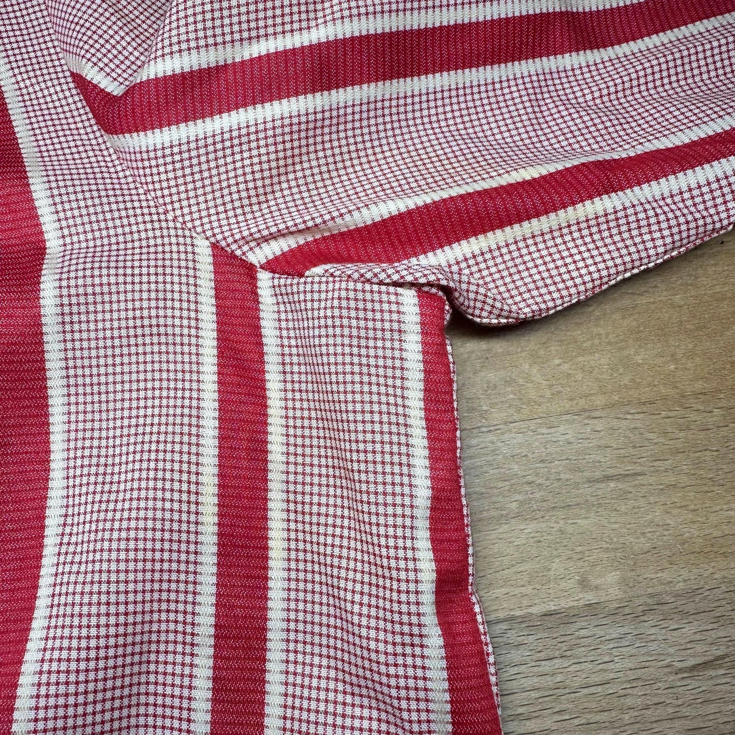 Small 70s Red & White Ric Rac Trim Belted Shirtdress | Vintage Knee Length Long Sleeved Striped Dress