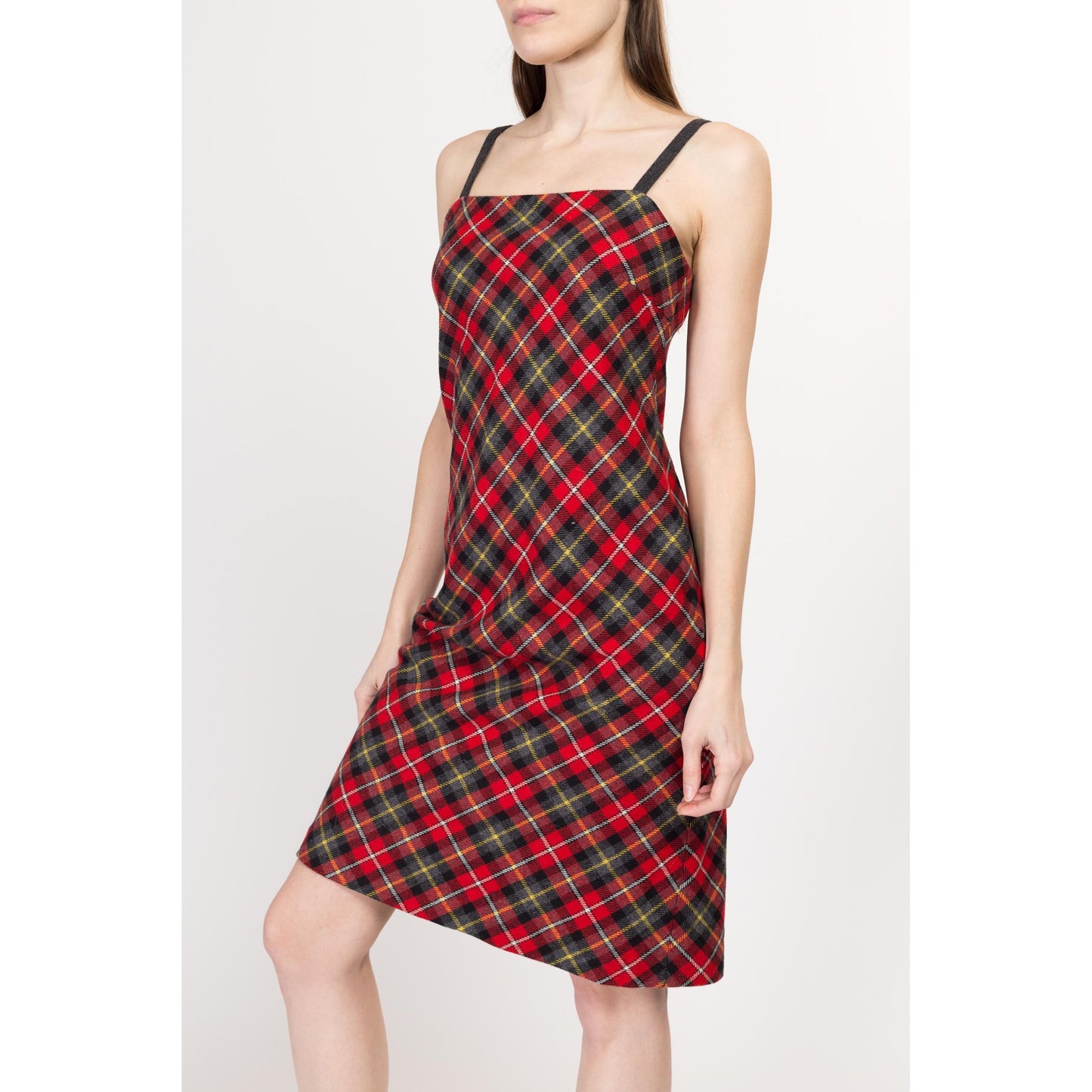 XS 90s Tommy Hilfiger Red Plaid A Line Dress | Vintage Spaghetti Strap Knit Midi Dress