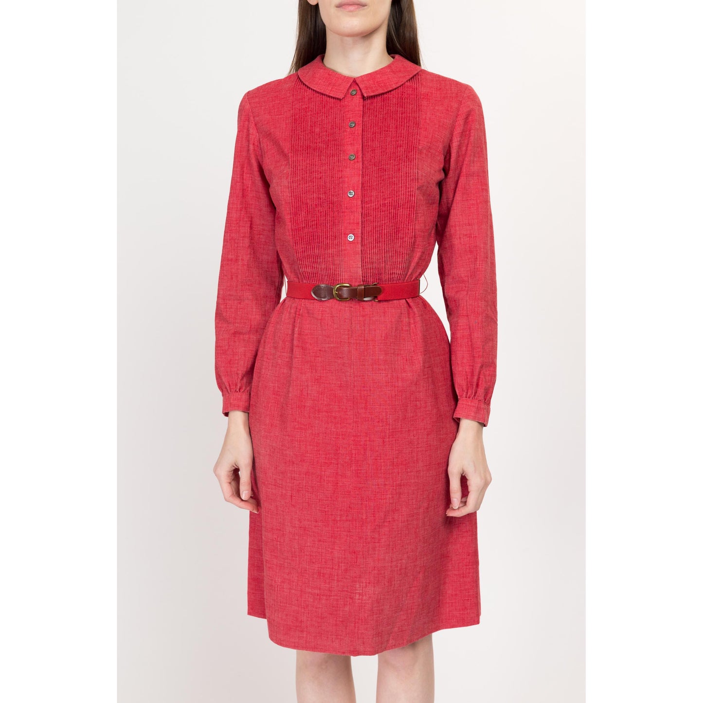 Small 70s Raspberry Red Belted Mini Dress | Vintage Peter Pan Collar Long Sleeve A Line Shirtdress