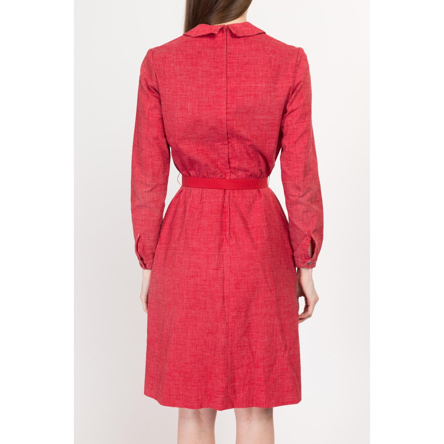 Small 70s Raspberry Red Belted Mini Dress | Vintage Peter Pan Collar Long Sleeve A Line Shirtdress