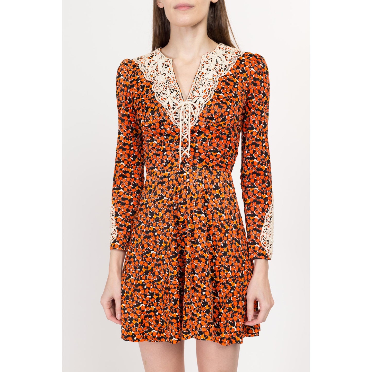XS 70s Boho Orange Floral Babydoll Mini Dress | Vintage Corset Tie A Line Long Sleeve Prairie Dress