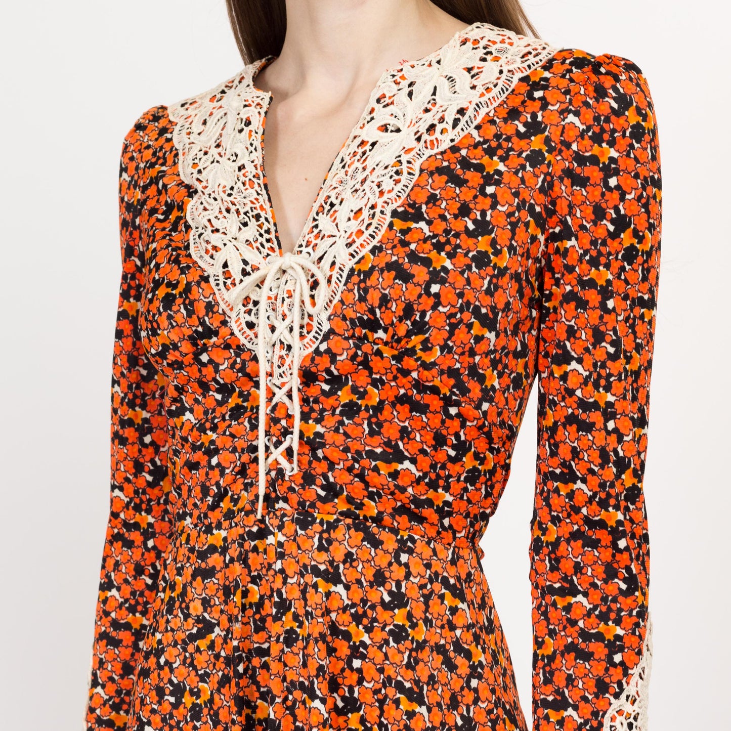 XS 70s Boho Orange Floral Babydoll Mini Dress | Vintage Corset Tie A Line Long Sleeve Prairie Dress