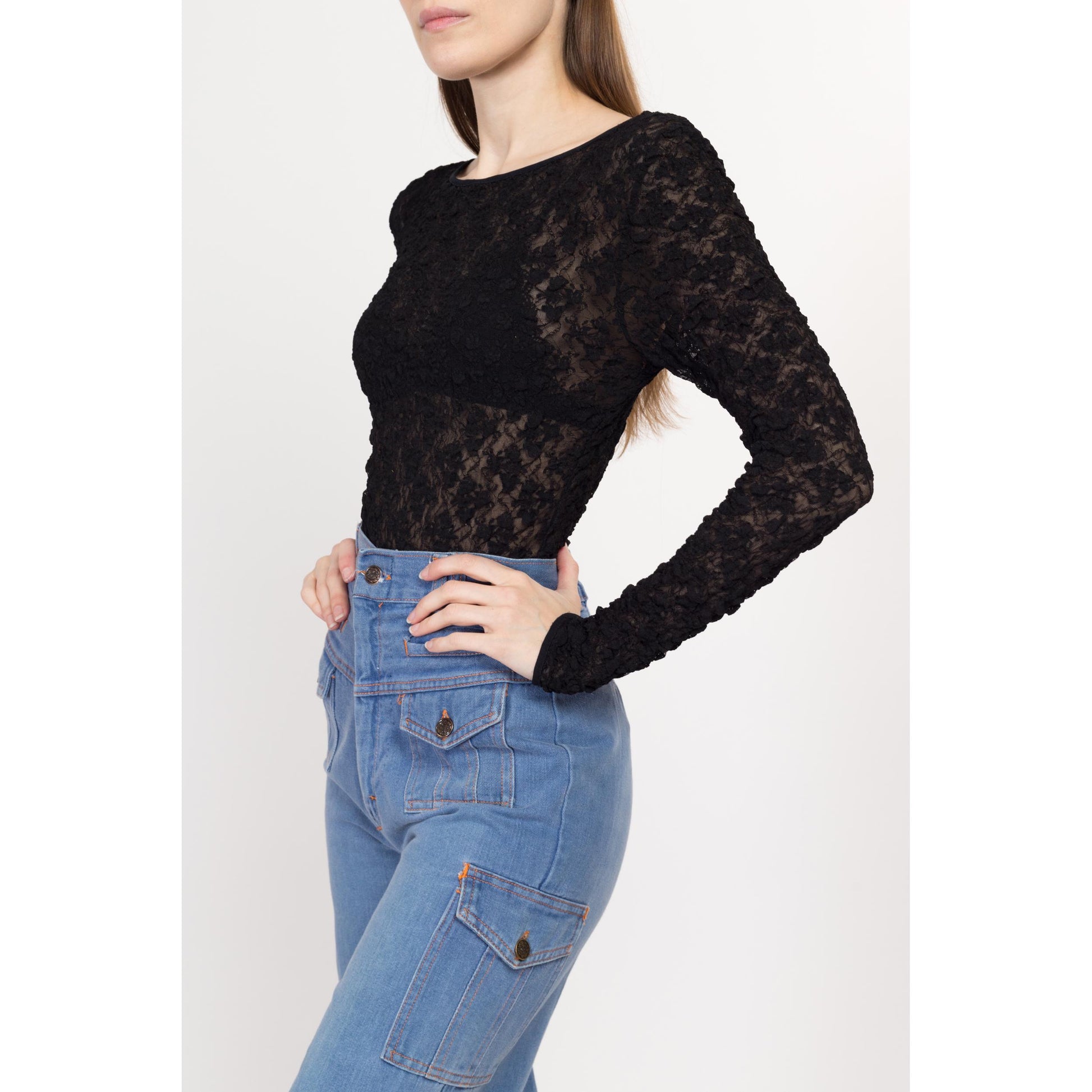 Small Y2K Sheer Black Popcorn Lace Low Back Bodysuit | Vintage Long Sleeve High Hip Stretchy One Piece
