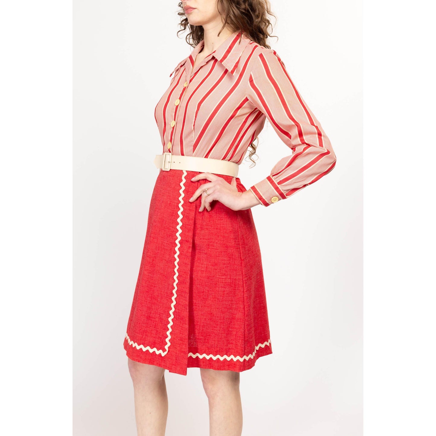 Small 70s Red & White Ric Rac Trim Belted Shirtdress | Vintage Knee Length Long Sleeved Striped Dress