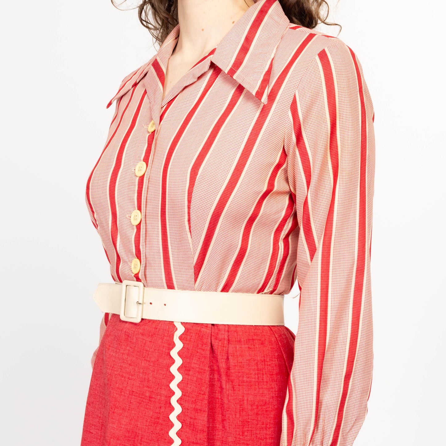Small 70s Red & White Ric Rac Trim Belted Shirtdress | Vintage Knee Length Long Sleeved Striped Dress