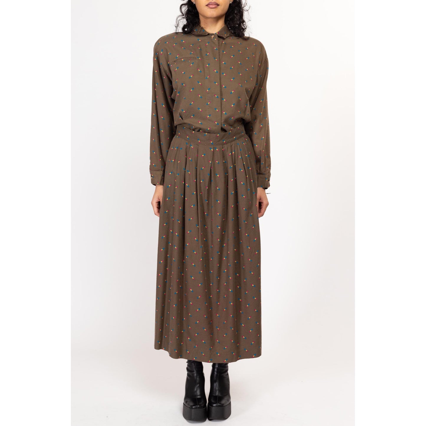 Medium 80s Pencil Print Blouse & Maxi Skirt Set | Vintage Taupe Brown Matching Two Piece Outfit