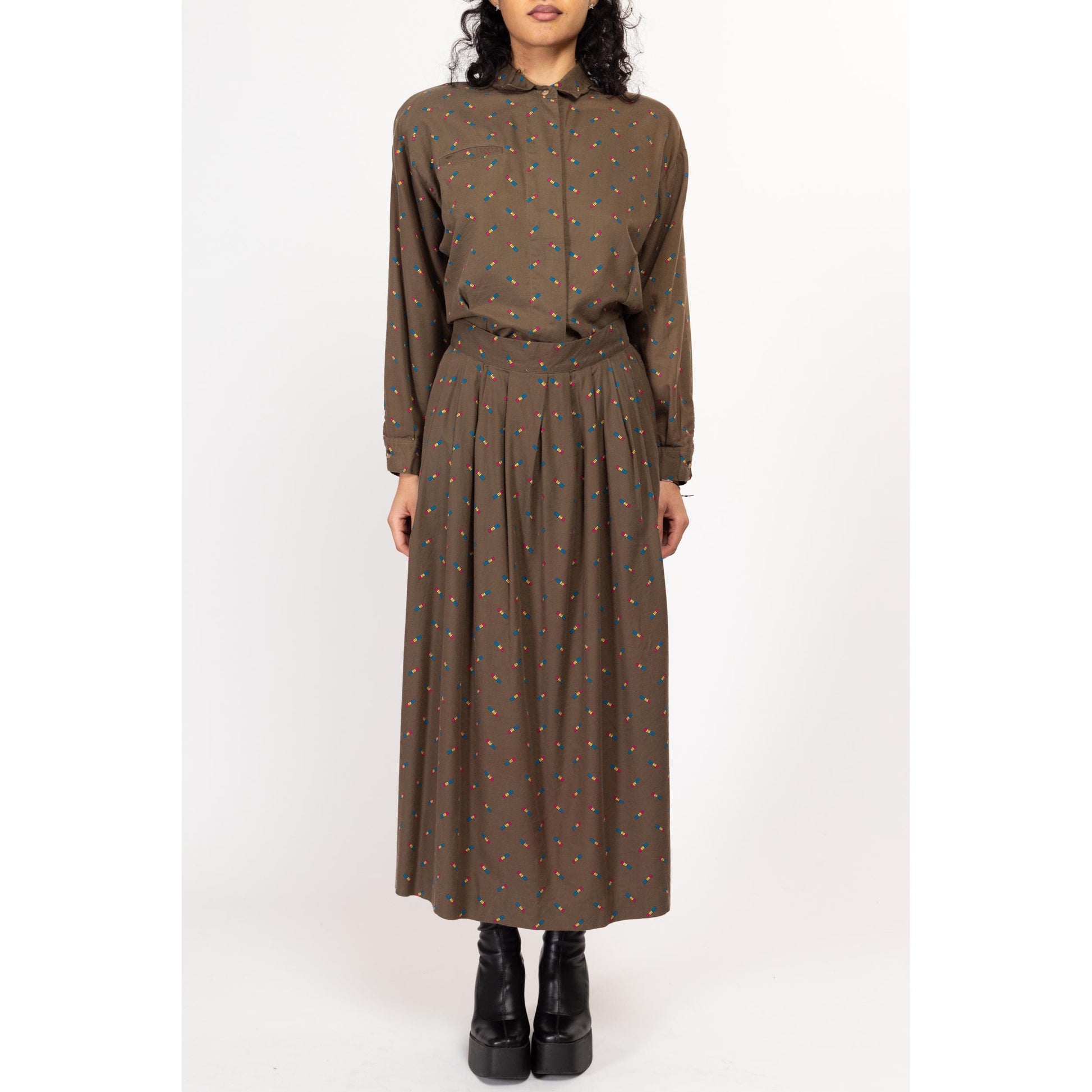Medium 80s Pencil Print Blouse & Maxi Skirt Set | Vintage Taupe Brown Matching Two Piece Outfit
