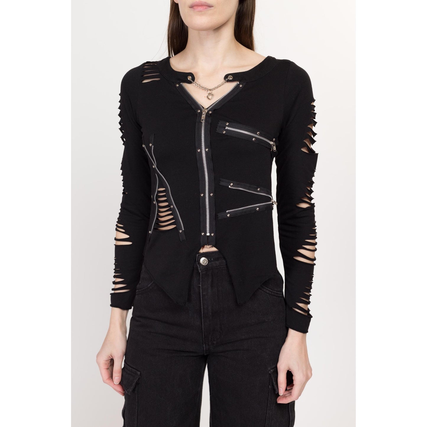 Small Y2K Gothic Black Slashed Zipper Top | Vintage Punk Heart Chain Long Sleeve Distressed Shirt