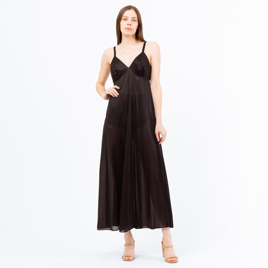 Medium 70s Black Maxi Nightgown | Vintage Lingerie Sexy Sheer A Line Slip Dress