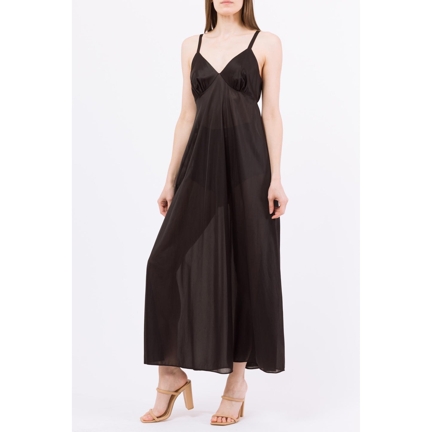 Medium 70s Black Maxi Nightgown | Vintage Lingerie Sexy Sheer A Line Slip Dress