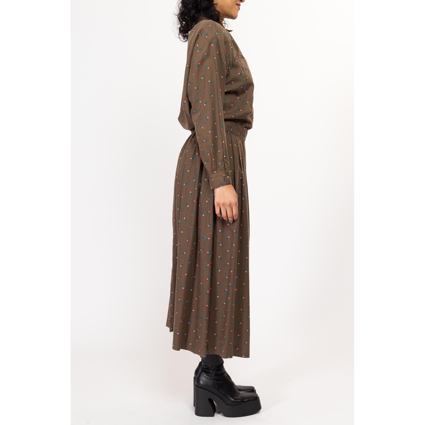 Medium 80s Pencil Print Blouse & Maxi Skirt Set | Vintage Taupe Brown Matching Two Piece Outfit