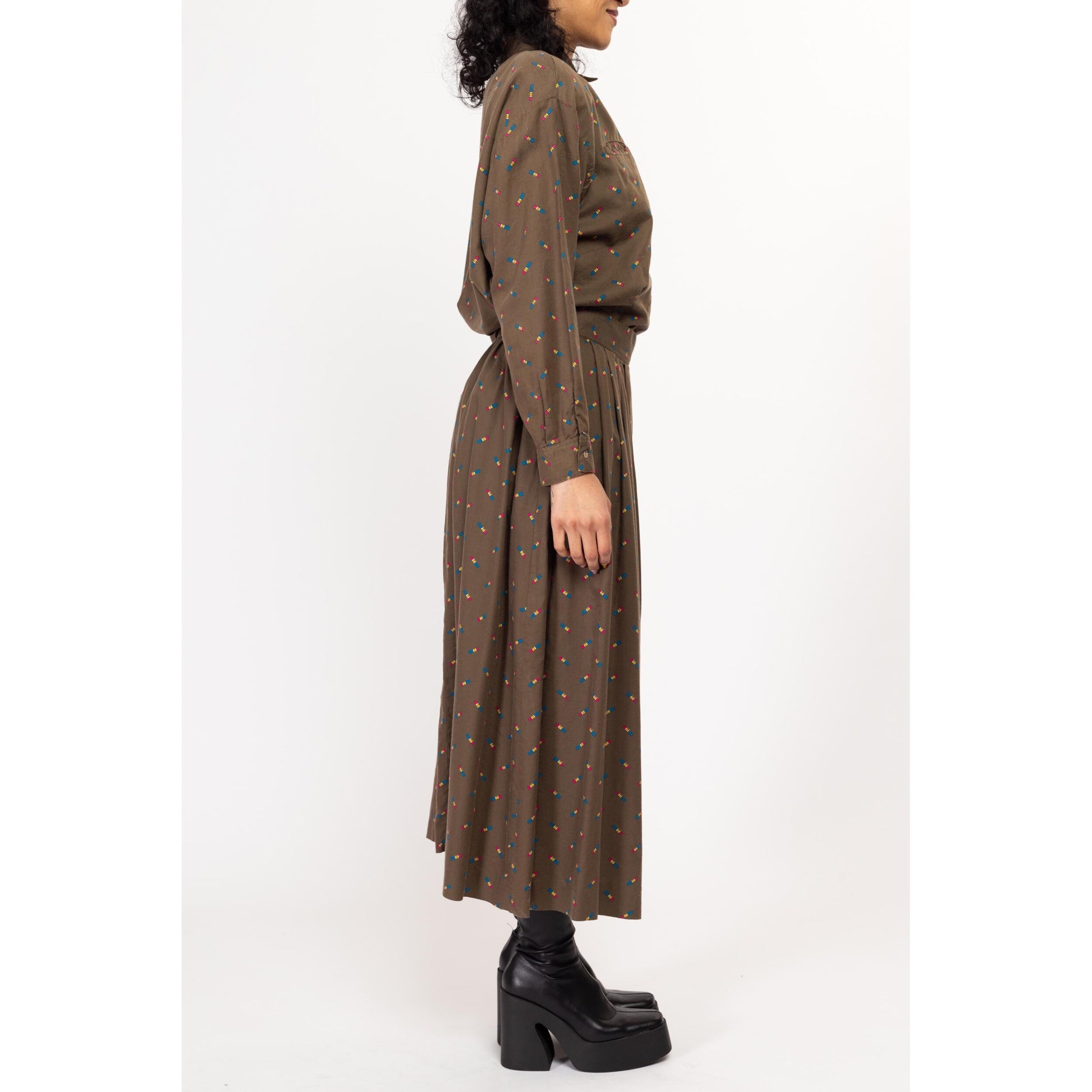Medium 80s Pencil Print Blouse & Maxi Skirt Set | Vintage Taupe Brown Matching Two Piece Outfit