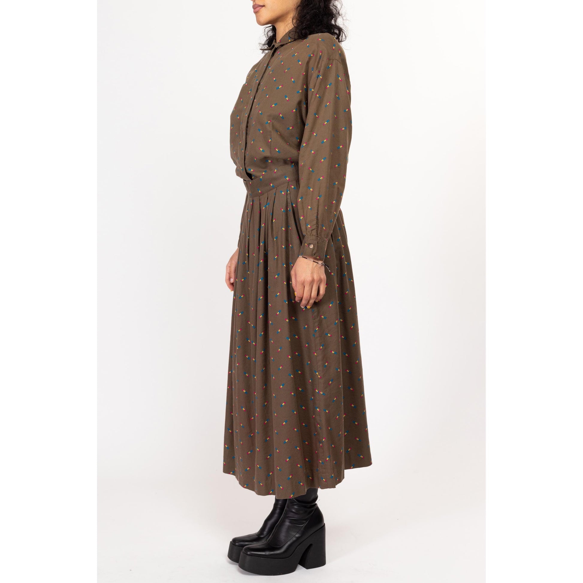 Medium 80s Pencil Print Blouse & Maxi Skirt Set | Vintage Taupe Brown Matching Two Piece Outfit