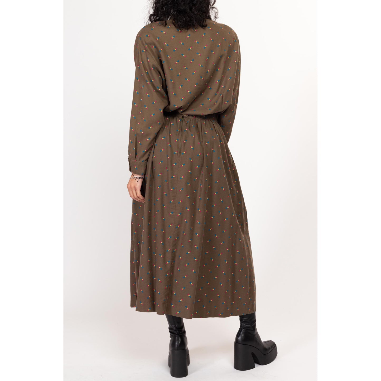 Medium 80s Pencil Print Blouse & Maxi Skirt Set | Vintage Taupe Brown Matching Two Piece Outfit