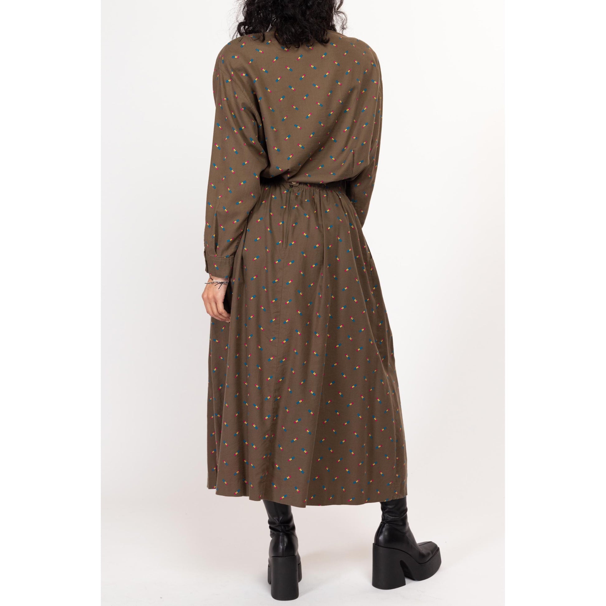 Medium 80s Pencil Print Blouse & Maxi Skirt Set | Vintage Taupe Brown Matching Two Piece Outfit