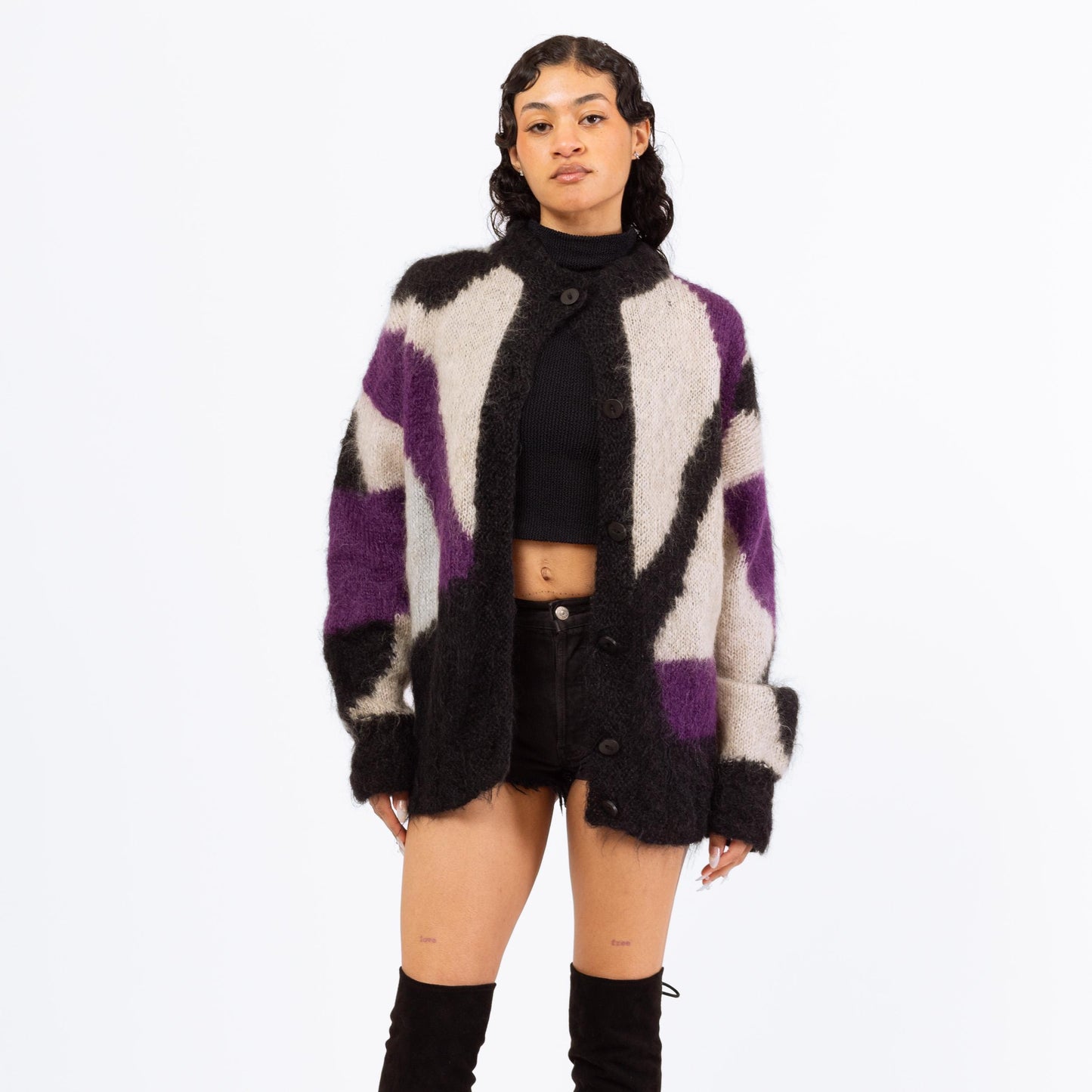 Vintage 80s Mohair Abstract Color Block Knit Cardigan - Extra Large | Button Up Long Oversize Sweater
