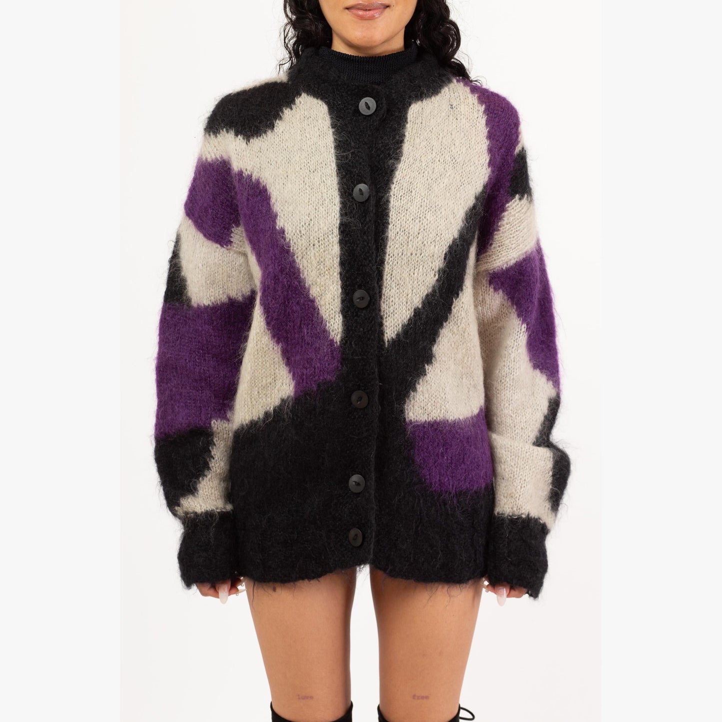 Vintage 80s Mohair Abstract Color Block Knit Cardigan - Extra Large | Button Up Long Oversize Sweater