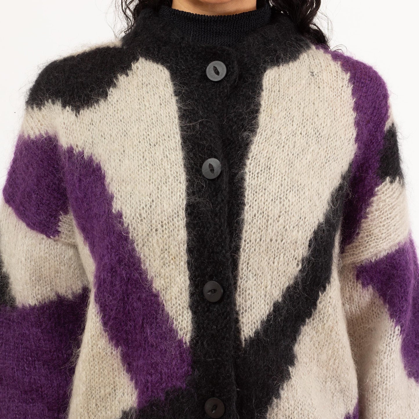 Vintage 80s Mohair Abstract Color Block Knit Cardigan - Extra Large | Button Up Long Oversize Sweater