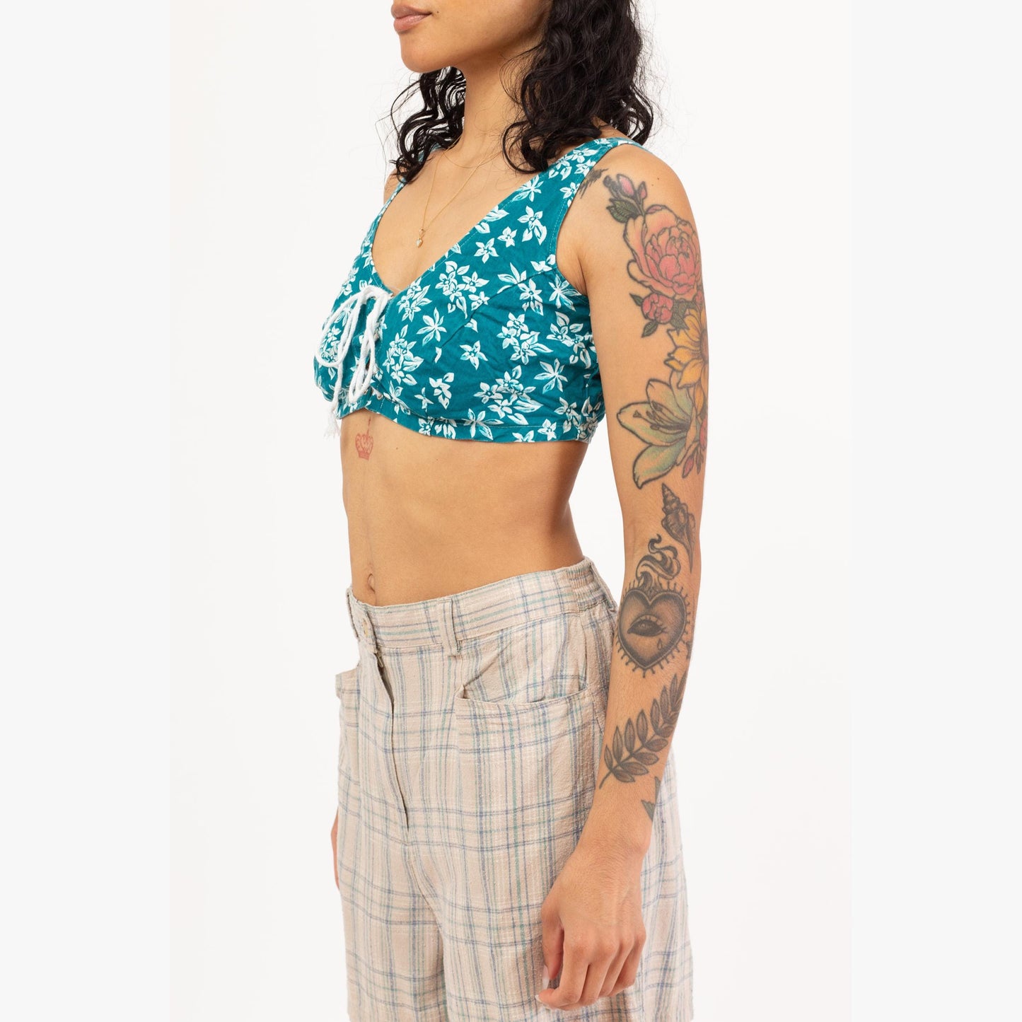 Vintage 90s Teal Floral Corset Crop Top - Small to Medium | Boho Sleeveless Tie Front Mini Bralette