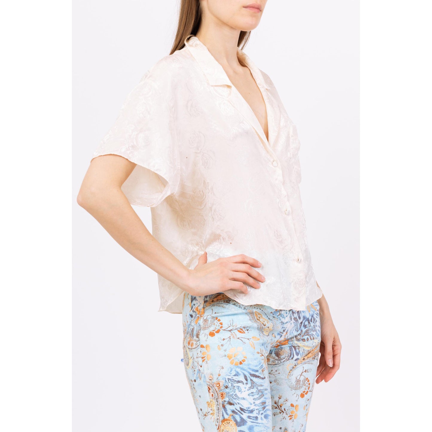 Vintage 80s Ivory Floral Satin Loungewear Blouse - Large