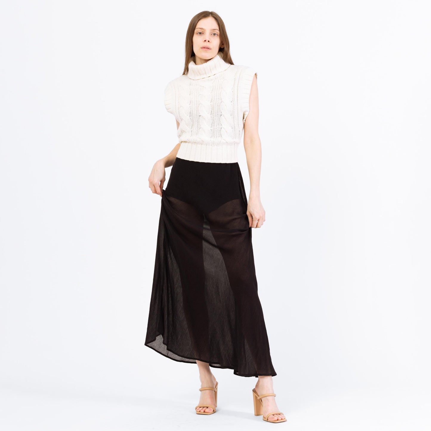 Vintage Y2K Sheer Black Linen Blend Maxi Dress - Small | Sleeveless Flowy Witchy Dress