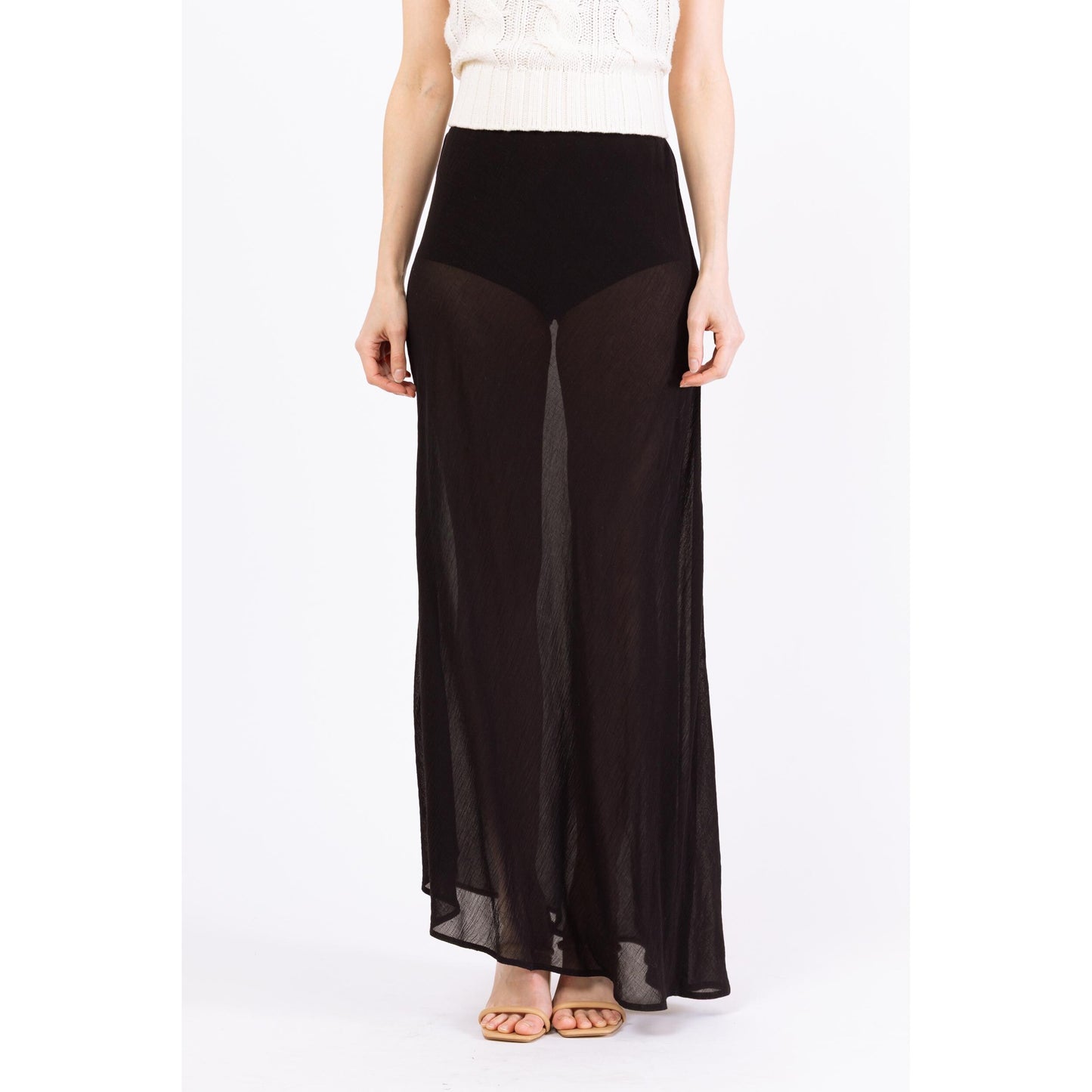 Vintage Y2K Sheer Black Linen Blend Maxi Dress - Small | Sleeveless Flowy Witchy Dress
