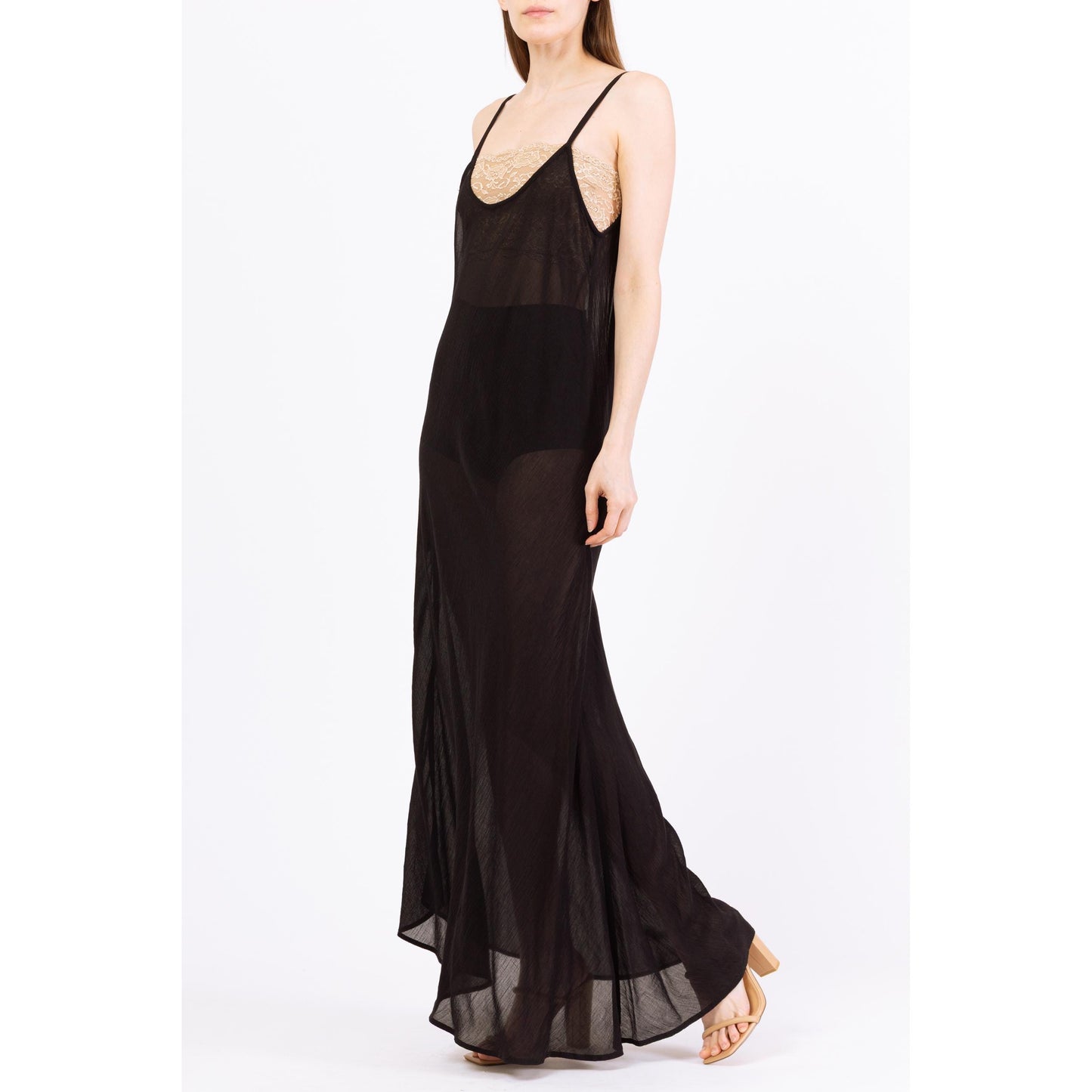 Vintage Y2K Sheer Black Linen Blend Maxi Dress - Small | Sleeveless Flowy Witchy Dress