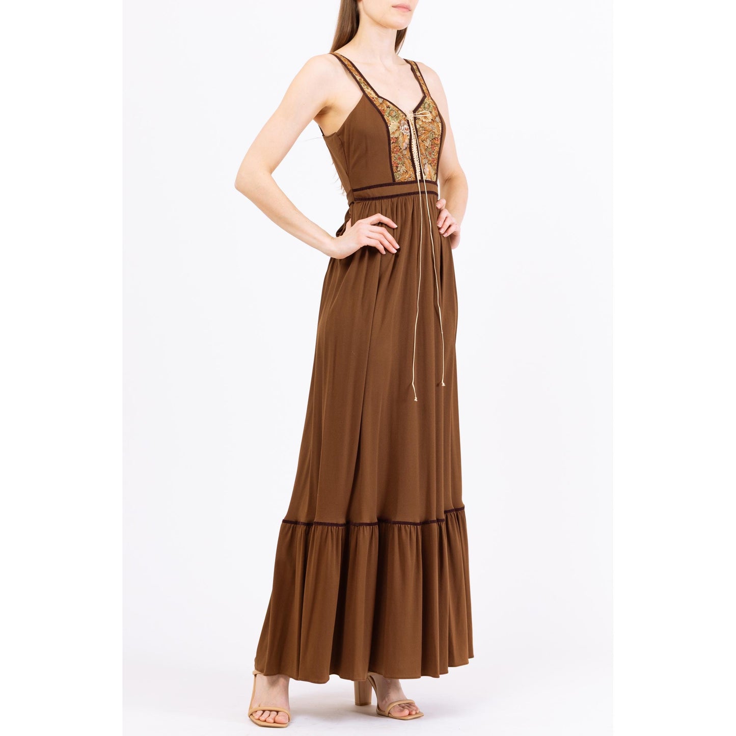 Vintage 70s Candi Jones Boho Brown Corset Maxi Dress - XS to Small | 1970s Floral Tapestry Romantic Cottagecore Prairie Peasant Dress
