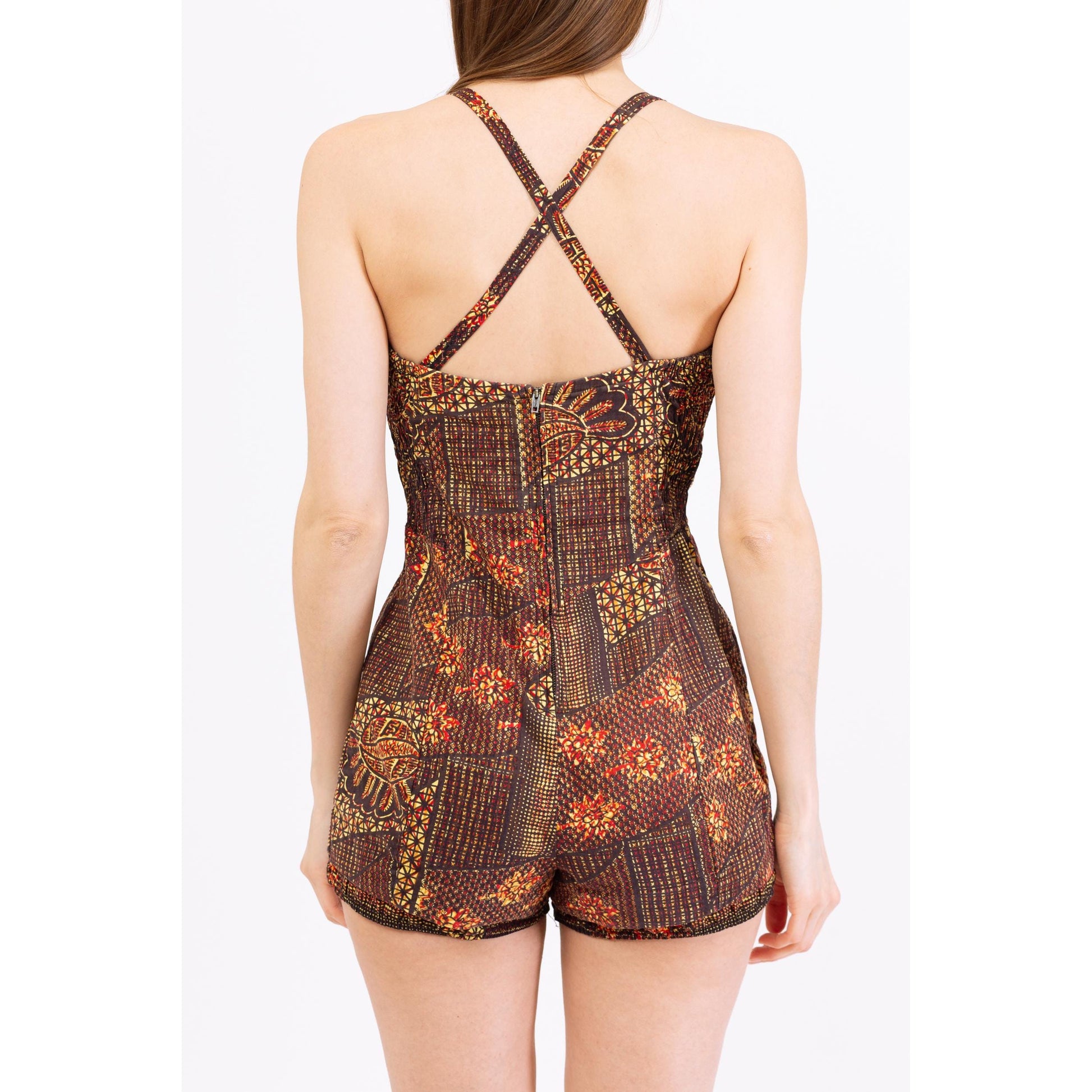 Vintage 1950s Catalina Tiki Print Pin-Up Style One Piece Swimsuit - Medium | 50s Hawaiian Tropical Pattern Swimwear, Retro Bathing Suit