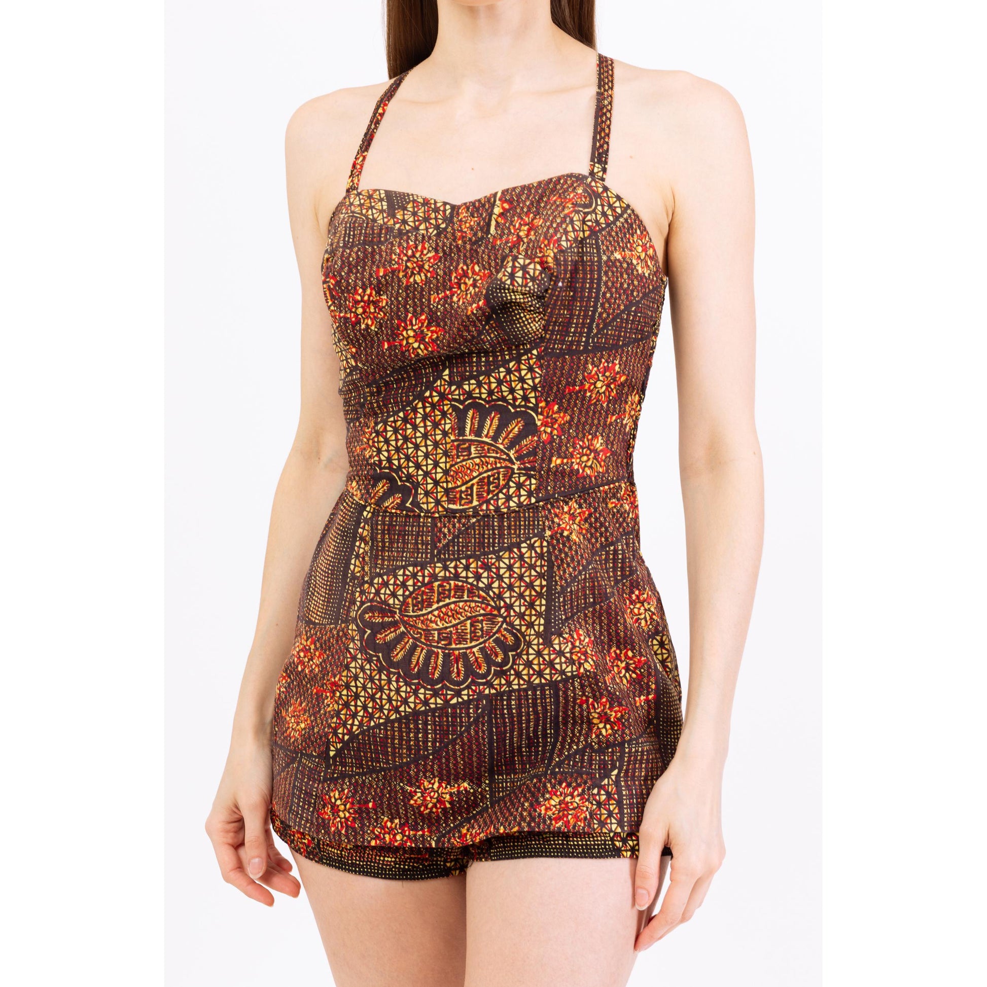 Vintage 1950s Catalina Tiki Print Pin-Up Style One Piece Swimsuit - Medium | 50s Hawaiian Tropical Pattern Swimwear, Retro Bathing Suit