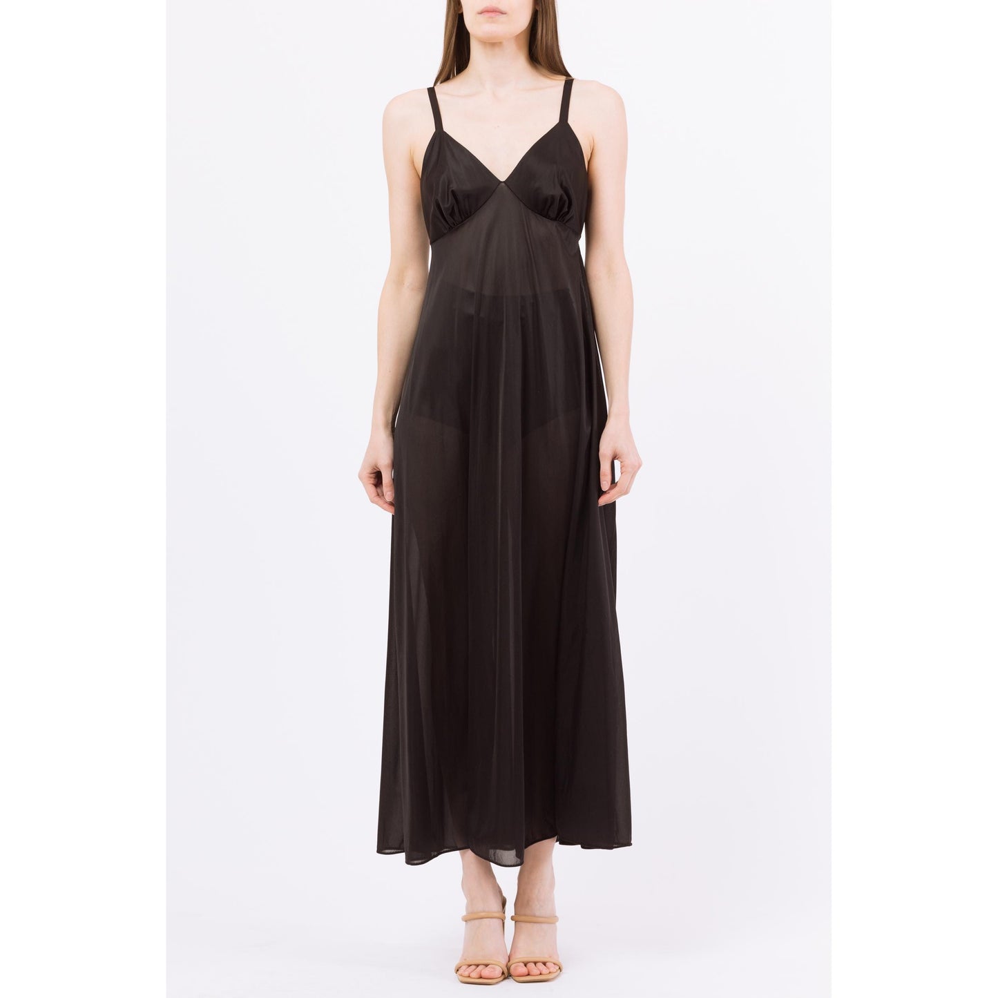 Medium 70s Black Maxi Nightgown | Vintage Lingerie Sexy Sheer A Line Slip Dress