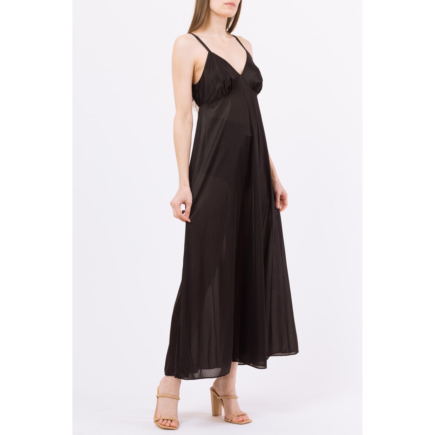 Medium 70s Black Maxi Nightgown | Vintage Lingerie Sexy Sheer A Line Slip Dress