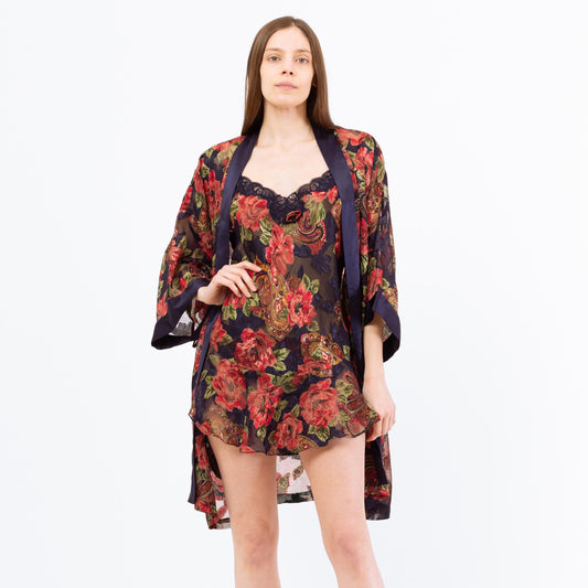 Medium 90s Victoria's Secret Floral Three Piece Lingerie Set | Vintage Mini Slip Dress Kimono Panty Loungewear