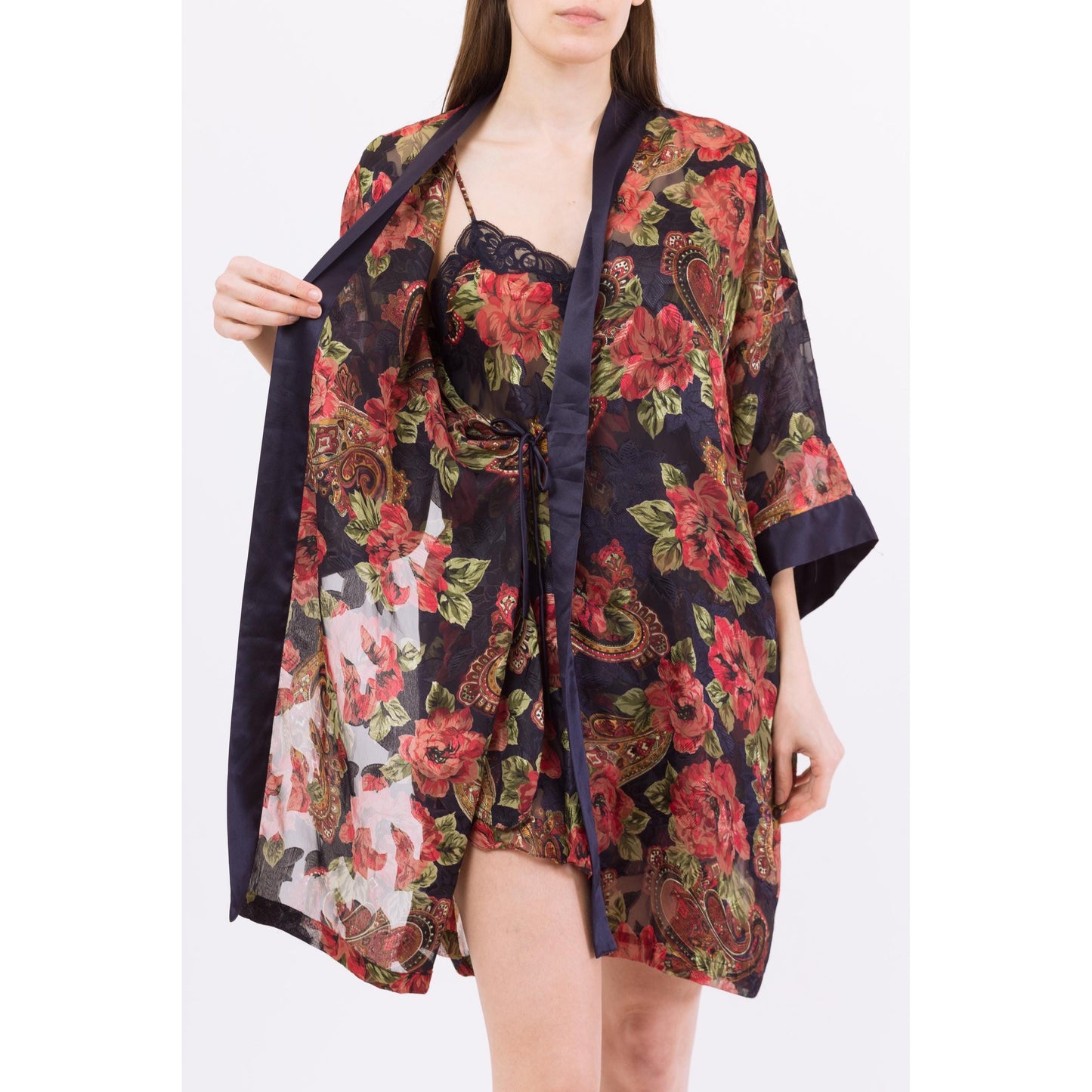 Medium 90s Victoria's Secret Floral Three Piece Lingerie Set | Vintage Mini Slip Dress Kimono Panty Loungewear