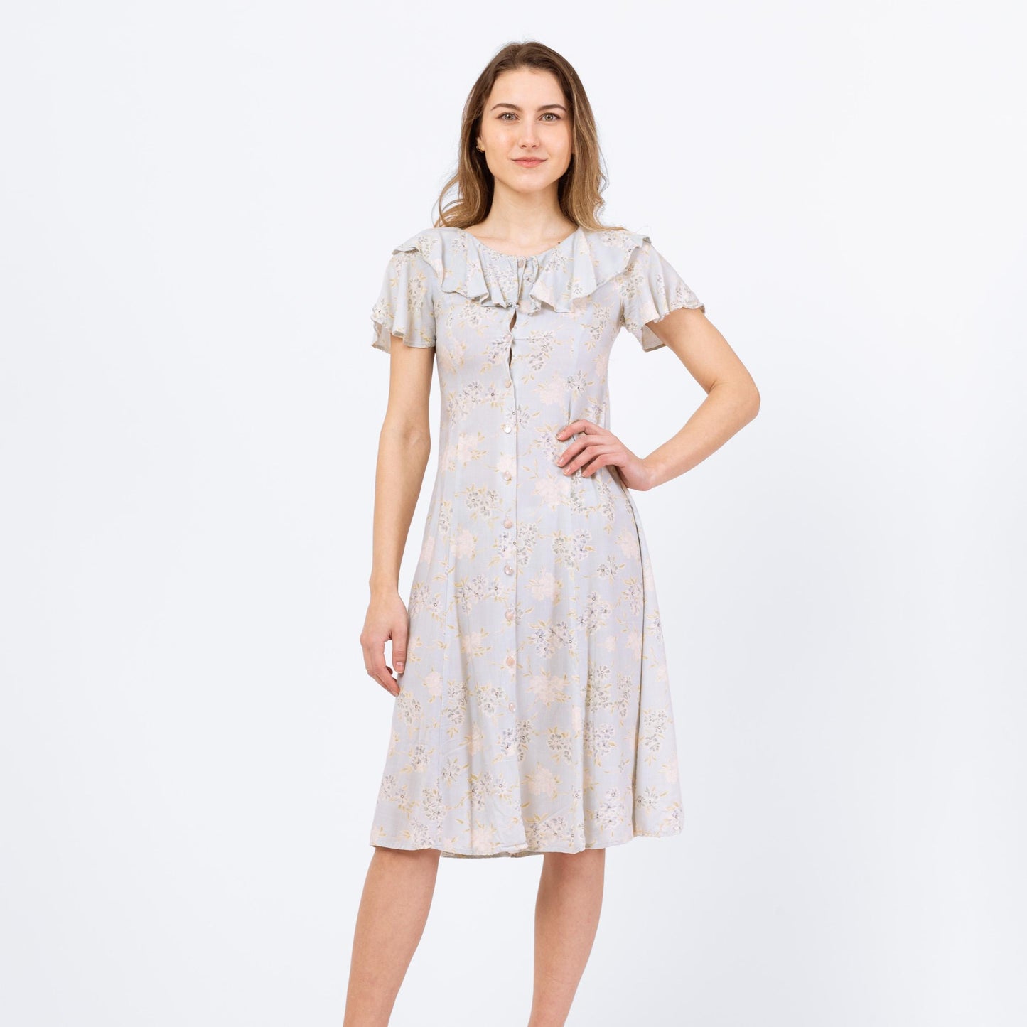 Vintage 90s Soft Pale Blue Floral Grunge Midi Dress - Petite XXS | Boho Sundress, Tie Back Button Up Flutter Sleeve Cottagecore Dress