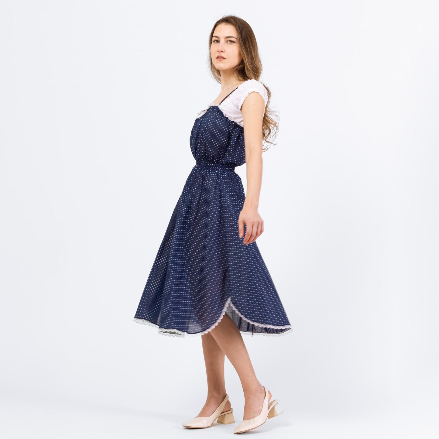 Vintage 70s Navy Blue Polka Dot Midi Sundress - Extra Small | Sleeveless Cottagecore Prairie Dress, Lace Trim Fit & Flare Retro Dress