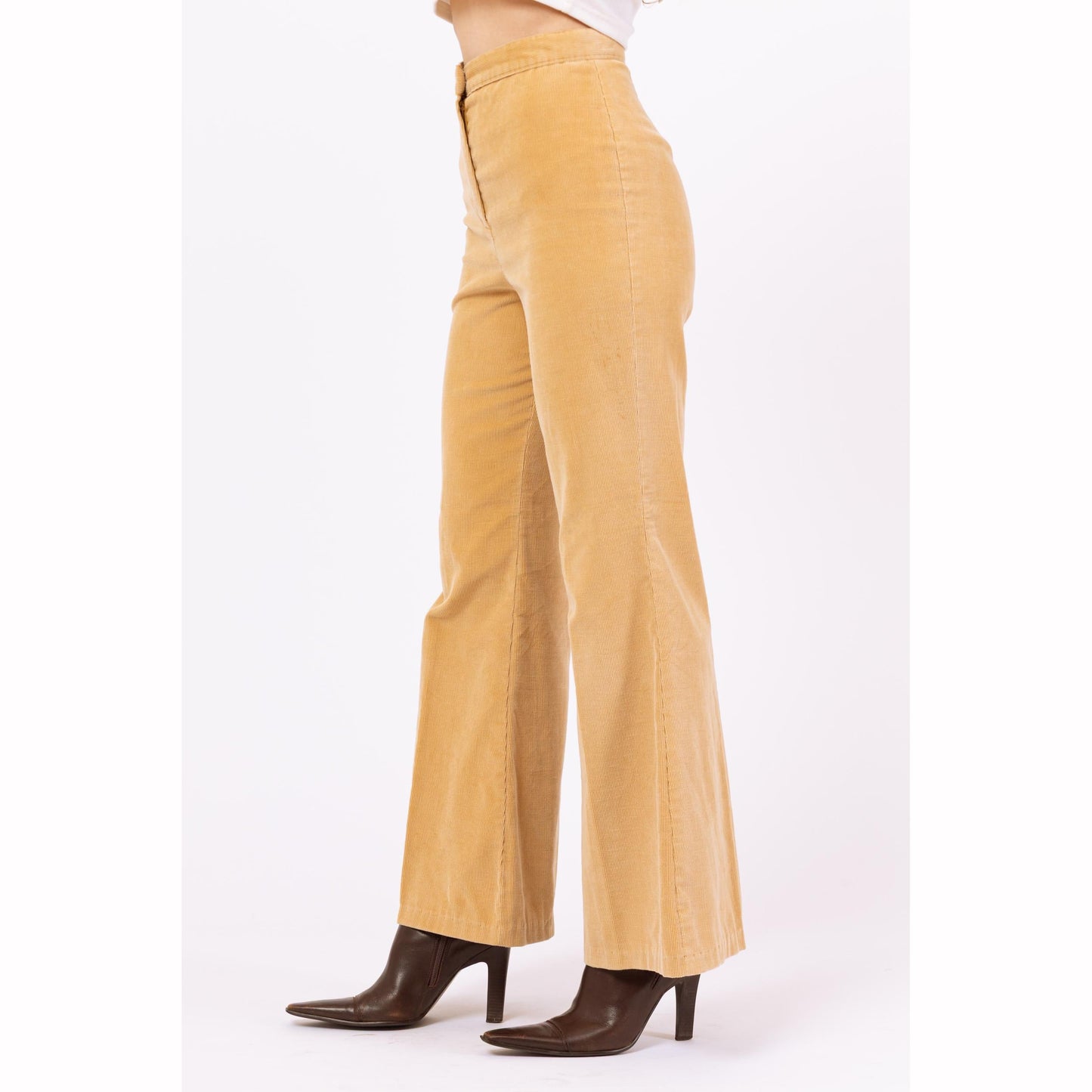 Vintage 70s Tan Corduroy Flare Pants - Petite XS, 24” Waist | High Waisted Bell Bottoms, Boho Retro Flared Leg Trousers