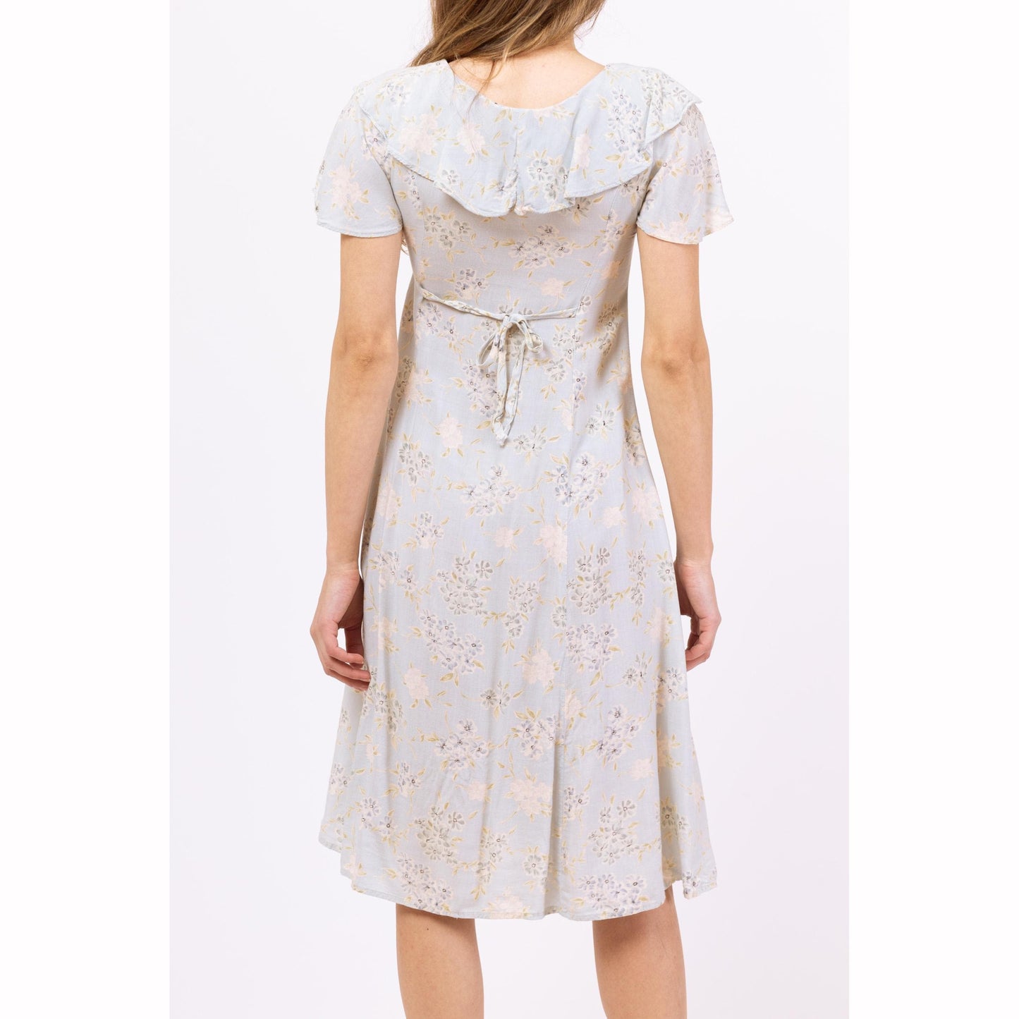Vintage 90s Soft Pale Blue Floral Grunge Midi Dress - Petite XXS | Boho Sundress, Tie Back Button Up Flutter Sleeve Cottagecore Dress