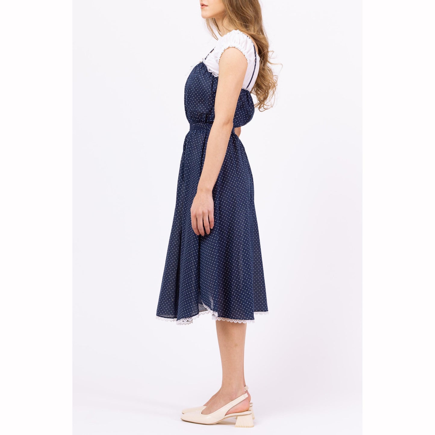 Vintage 70s Navy Blue Polka Dot Midi Sundress - Extra Small | Sleeveless Cottagecore Prairie Dress, Lace Trim Fit & Flare Retro Dress