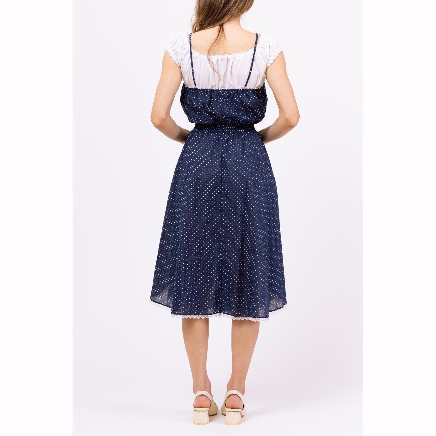 Vintage 70s Navy Blue Polka Dot Midi Sundress - Extra Small | Sleeveless Cottagecore Prairie Dress, Lace Trim Fit & Flare Retro Dress