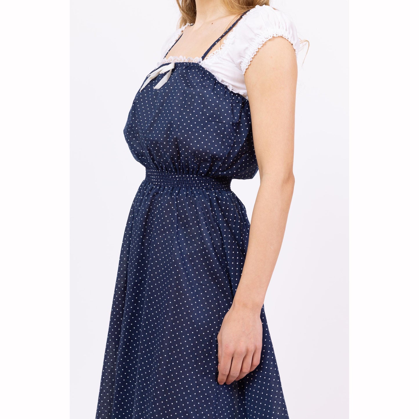 Vintage 70s Navy Blue Polka Dot Midi Sundress - Extra Small | Sleeveless Cottagecore Prairie Dress, Lace Trim Fit & Flare Retro Dress