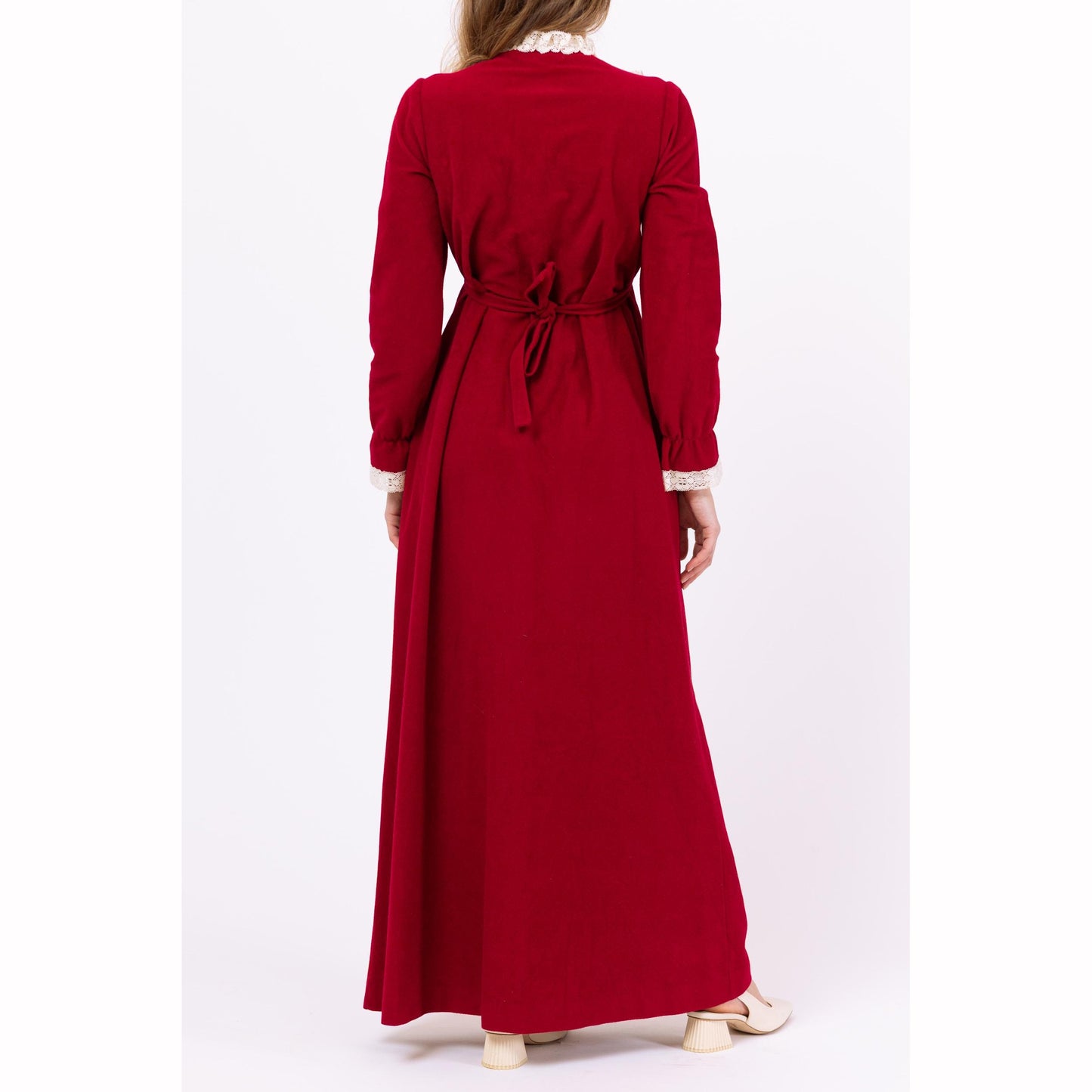 Vintage 70s Vassarette Magenta House Dress Maxi Robe - Small | Boho Lace Trim Zip Up Maxi Lounge Dress, Cottagecore Victorian Nightgown