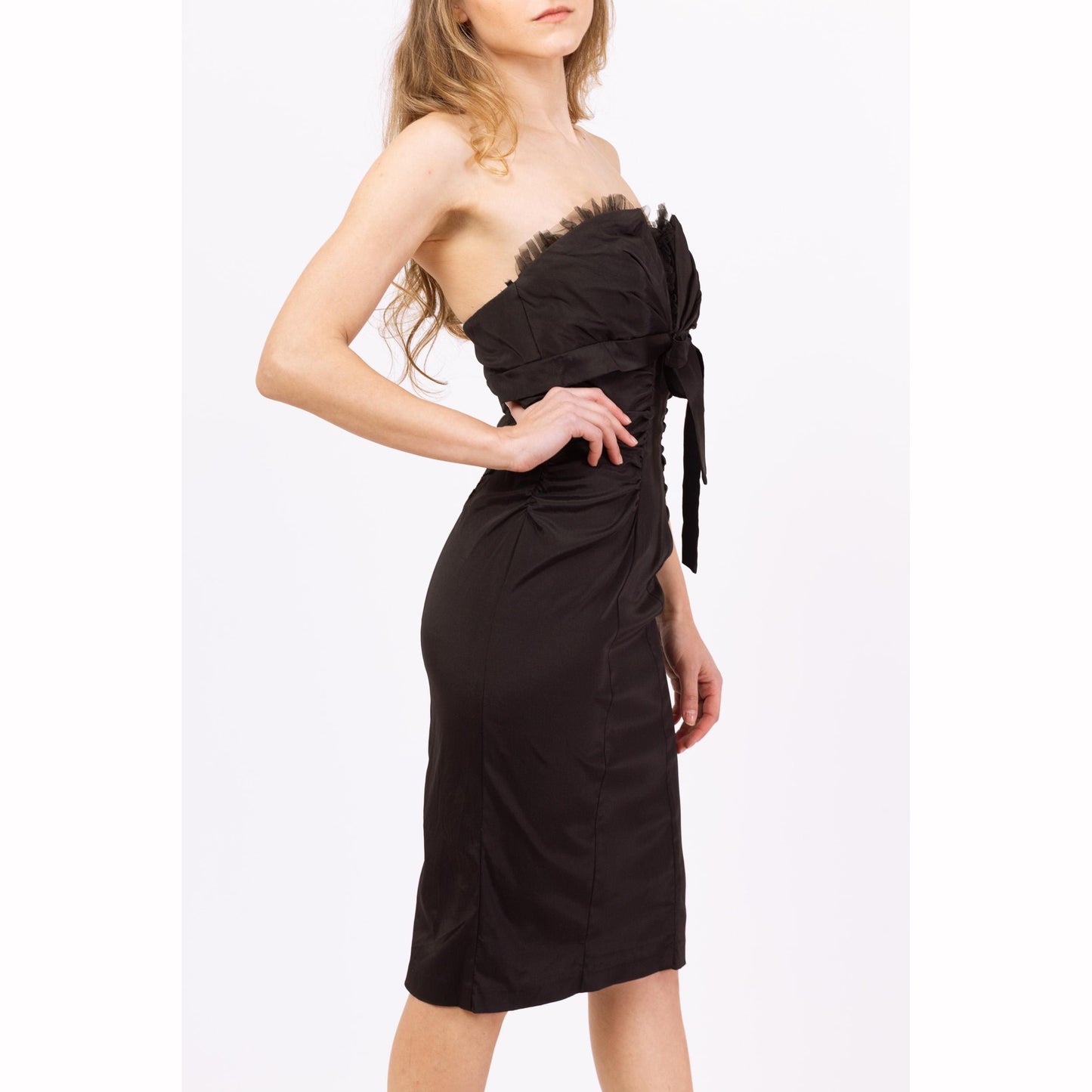 Vintage Y2K Black Strapless Corset Fit Dress – XXS | Cache Knee Length Mini Cocktail Party Dress