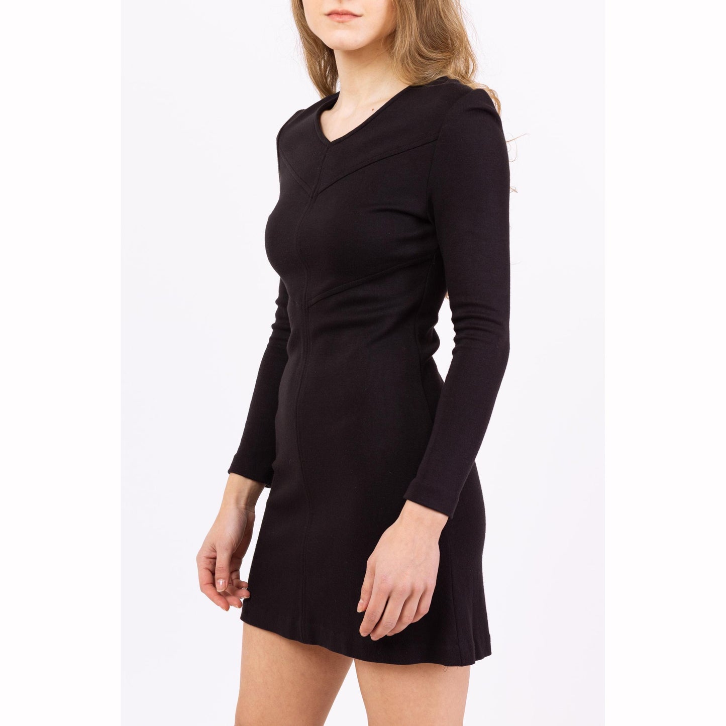 Vintage 90s Black Jersey Knit Mini Dress - Petite XS | Long Sleeve A Line Cocktail Party Dress