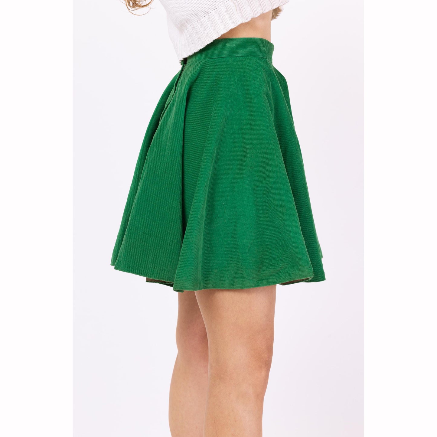 Vintage 60s Green Corduroy Mini Circle Skirt - XXS, 23" Waist | Retro Majorette Uniform High Waisted Skater Miniskirt