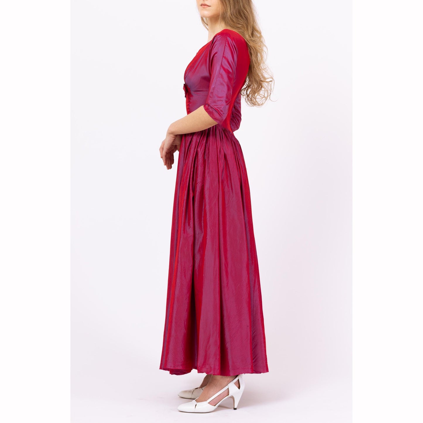Vintage 1950s Magenta Luminescent Taffeta Evening Gown - XXS | 50s Old Hollywood Glam, Formal 3/4 Sleeve Maxi Party Dress
