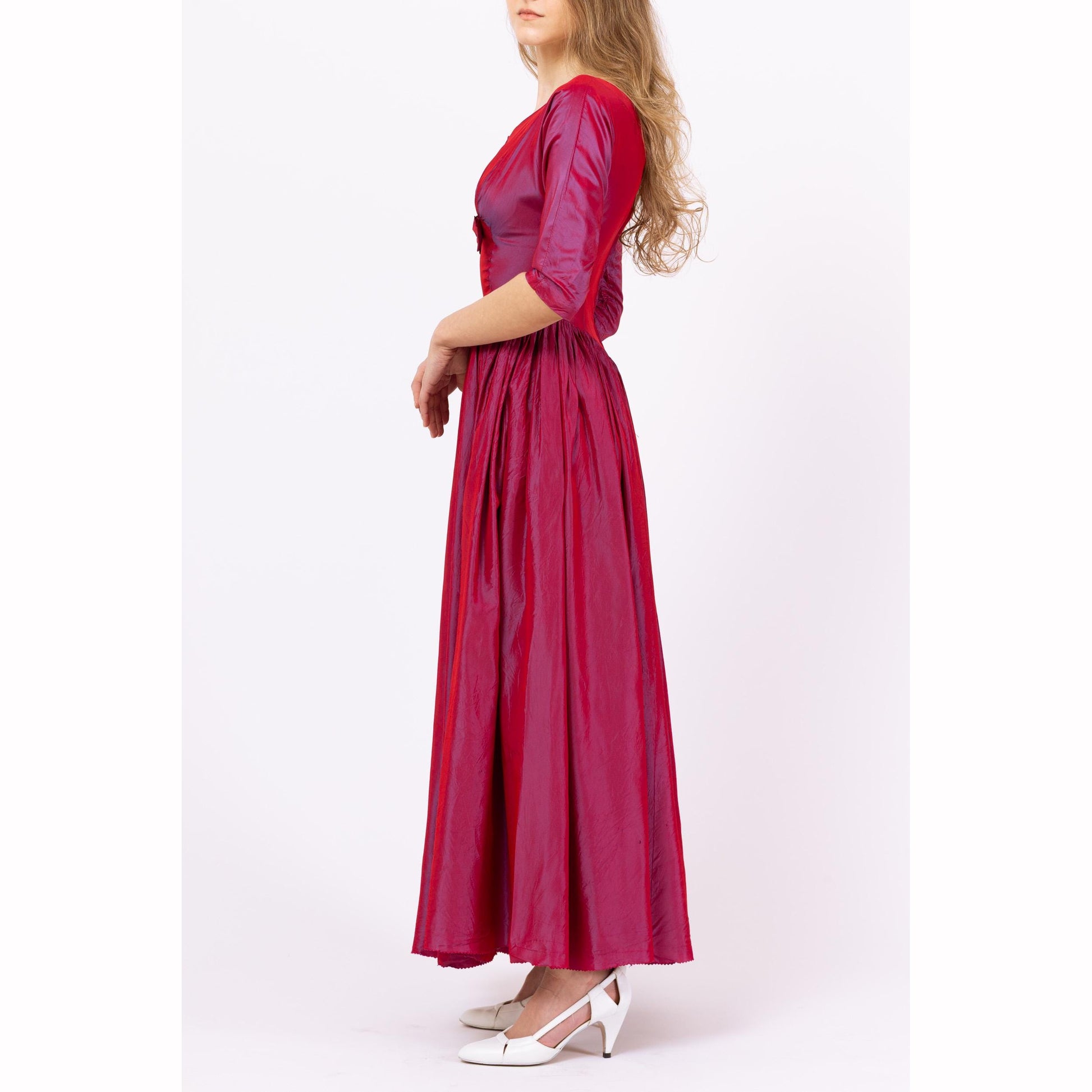 Vintage 1950s Magenta Luminescent Taffeta Evening Gown - XXS | 50s Old Hollywood Glam, Formal 3/4 Sleeve Maxi Party Dress