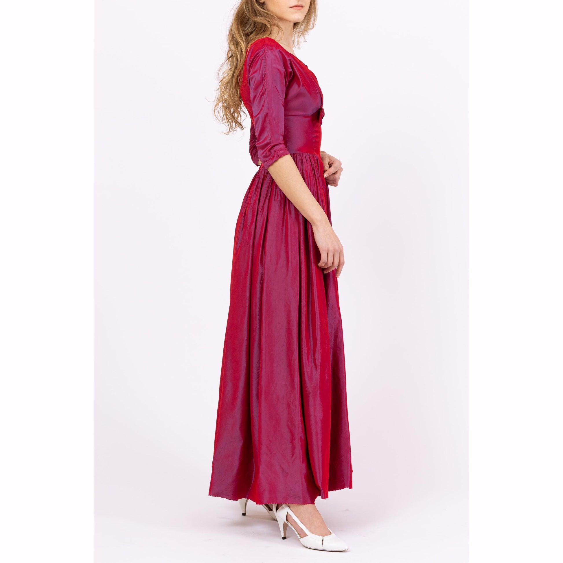 Vintage 1950s Magenta Luminescent Taffeta Evening Gown - XXS | 50s Old Hollywood Glam, Formal 3/4 Sleeve Maxi Party Dress
